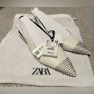 BRAND NEW Zara White Studded Flat Leather Slingbacks EU Size: 40 US Size: 9